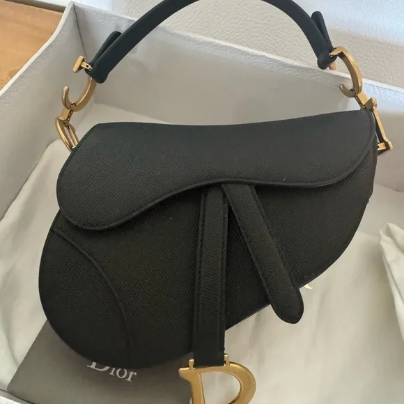 Like New 💕 DIOR Mini Saddle Bag Black Grained Calfskin Leather Gold Shoulder Bag - Picture 9 of 16